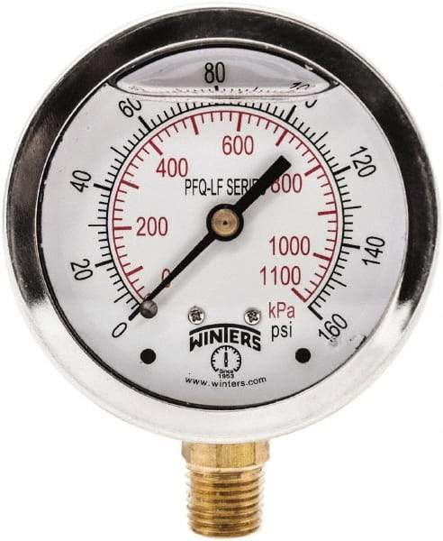 Winters - 2-1/2" Dial, 1/4 Thread, 0-160 Scale Range, Pressure Gauge - Lower Connection Mount, Accurate to 1.5% of Scale - Makers Industrial Supply