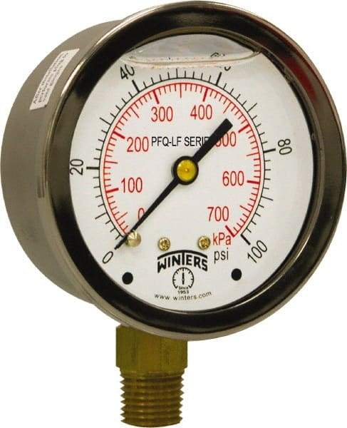 Winters - 2-1/2" Dial, 1/4 Thread, 0-100 Scale Range, Pressure Gauge - Lower Connection Mount, Accurate to 1.5% of Scale - Makers Industrial Supply