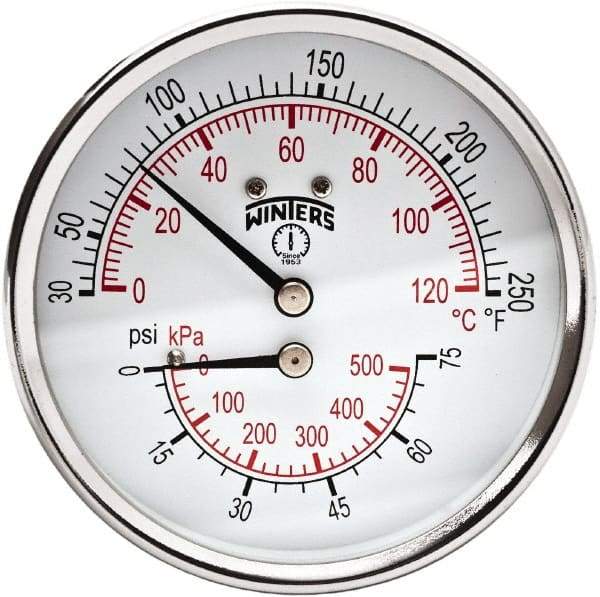 Winters - 3" Dial, 1/2 Thread, 0-75 Scale Range, Pressure Gauge - Center Back Connection Mount, Accurate to 0.03% of Scale - Makers Industrial Supply