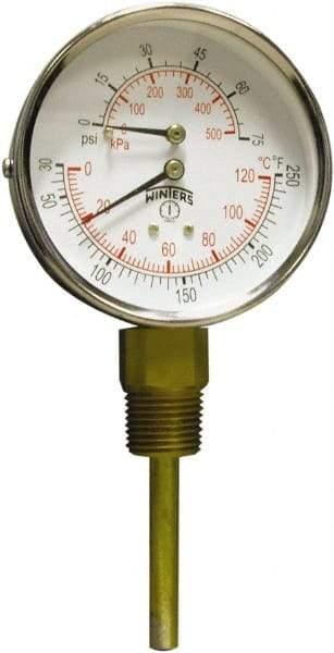 Winters - 3" Dial, 1/2 Thread, 0-75 Scale Range, Pressure Gauge - Lower Connection Mount, Accurate to 0.03% of Scale - Makers Industrial Supply