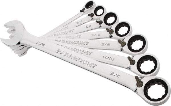 Paramount - 7 Piece, 3/8" to 3/4", 12 Point Reversible Ratcheting Combination Wrench Set - Inch Measurement Standard, Full Polish Chrome Finish, Comes in Blow Molded Case - Makers Industrial Supply