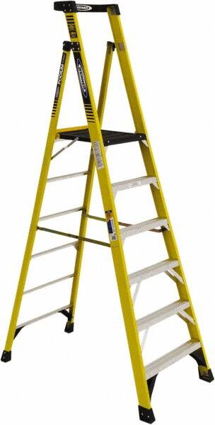 Werner - 6 Steps, 6' High, Type IAA Rating, Fiberglass Step Ladder - 375 Lb Load Capacity, 31-1/4" Base Width - Makers Industrial Supply