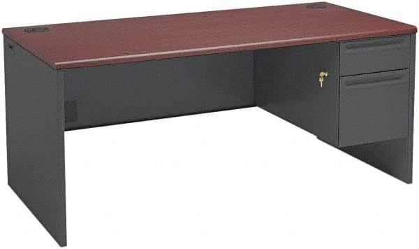 Hon - Steel-Reinforced High-Pressure Laminate/Metal Right Pedestal Desk - 66" Wide x 30" Deep x 29" High, Mahogany/Charcoal - Makers Industrial Supply