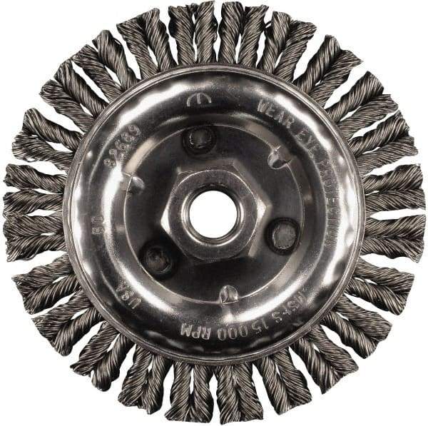 PFERD - 6" OD, 5/8-11 Arbor Hole, Knotted Stainless Steel Wheel Brush - 3/16" Face Width, 1-1/8" Trim Length, 0.02" Filament Diam, 12,500 RPM - Makers Industrial Supply