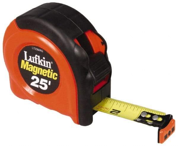 Lufkin - 25' x 1" Yellow Blade Tape Measure - 1/16" Graduation, A5 Graduation Style, Orange/Black Case - Makers Industrial Supply