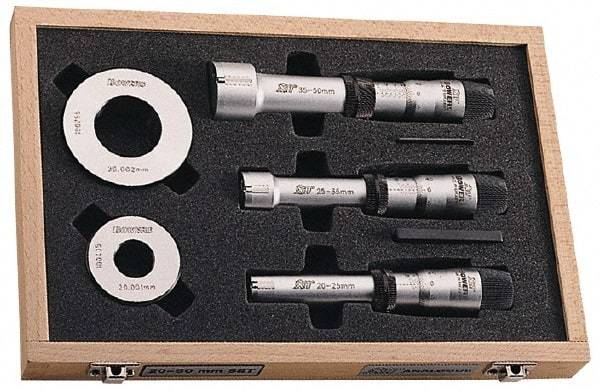 Fowler - 8 Piece, 2 to 4", Carbide, Hole Mechanical Inside Micrometer Set - 0.005mm Graduation, Ratchet Stop Thimble, Includes (2) Setting Rings, (3) Handles & (3) Heads - Makers Industrial Supply