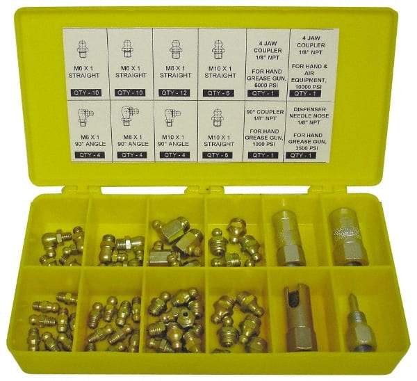 PRO-LUBE - 60 Piece, Metric, Box Plastic Steel Grease Fitting Set - Includes Metric Thread Types, Includes M10x1: (20) Straight, (4) 90°, M6x1: (12) Straight, (4) 90°, M8x1: (12) Straight, (4) 90° - Makers Industrial Supply