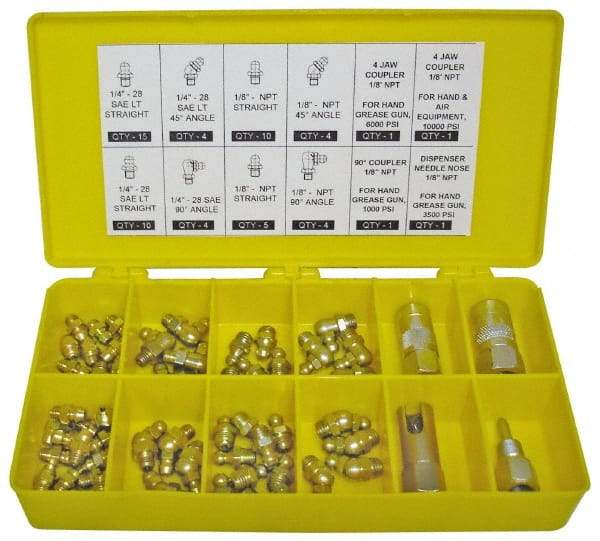 PRO-LUBE - 60 Piece, Inch, Box Plastic Steel Grease Fitting Set - Includes PTF, UNF Thread Types, Includes 1/4-28 SAE-LT: (25) Straight, (4) 45°, (4) 90°, 1/8-27 PTF: (15) Straight, (4) 45°, (4) 90° - Makers Industrial Supply