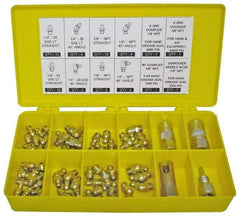 PRO-LUBE - 60 Piece, Inch, Box Plastic Steel Grease Fitting Set - Includes PTF, UNF Thread Types, Includes 1/4-28 SAE-LT: (25) Straight, (4) 45°, (4) 90°, 1/8-27 PTF: (15) Straight, (4) 45°, (4) 90° - Makers Industrial Supply