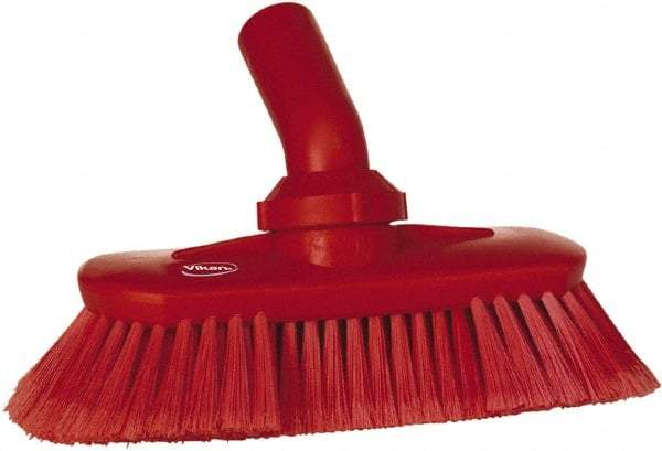 Vikan - 1-1/2" Bristle Length, Polyester Wash Brush - 7-3/4" Long x 3" Wide Head, 8" OAL, European Threaded Handle, Red, Polypropylene Block, Flagged - Makers Industrial Supply