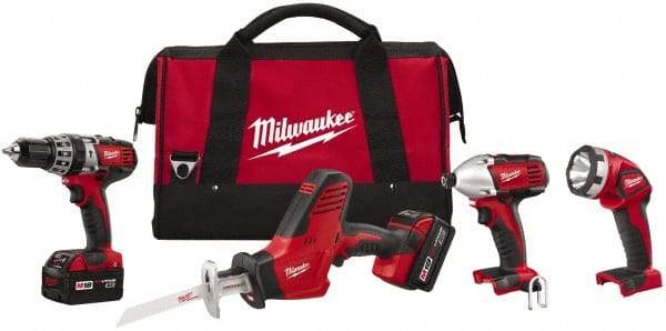 Milwaukee Tool - 18 Volt Cordless Tool Combination Kit - Includes 1/2" Hammer Drill, 1/4" Hex Impact Driver & One-Handed Hackzall Reciprocating Saw, Lithium-Ion Battery Included - Makers Industrial Supply