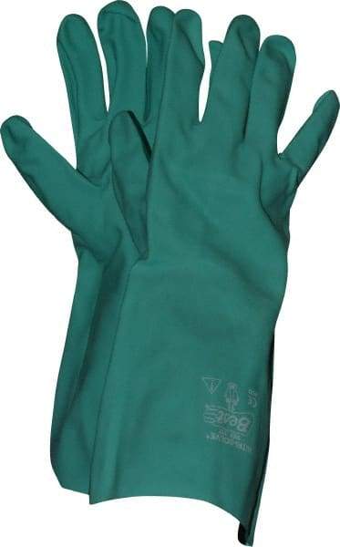 SHOWA - Size 2XL (11), 15" Long, 22 mil Thick, Nitrile Chemical Resistant Gloves - Textured Finish, Slip-On Cuff, ANSI Abrasion Level 4, ANSI Cut Level 0, ANSI Puncture Level 1, Green, FDA Approved - Makers Industrial Supply