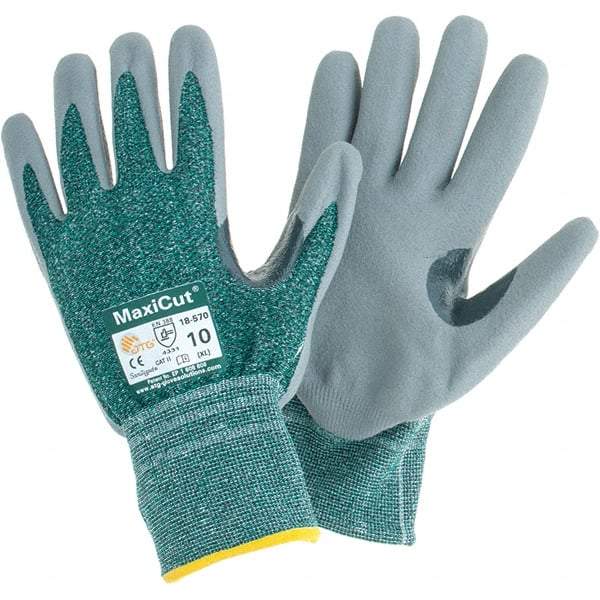 ATG - Size XL (10), ANSI Cut Lvl A2, Abrasion Lvl 4, Micro-Foam Nitrile Coated Nitrile Cut Resistant Gloves - Palm & Fingers Coated, Gray/Green, Paired - Makers Industrial Supply