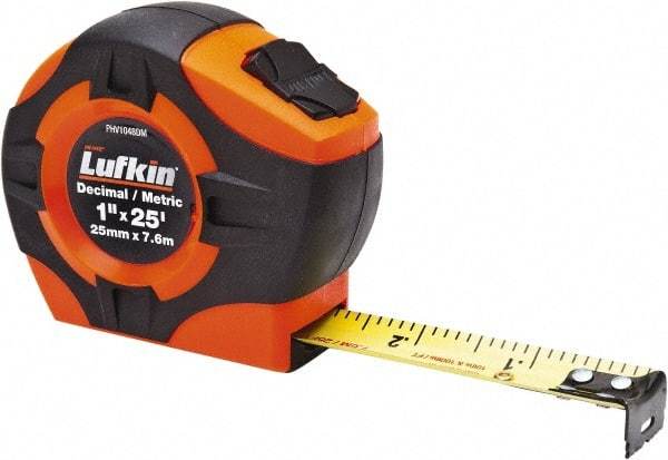 Lufkin - 26' x 1" Yellow Blade Tape Measure - 1/10 & 1/100' Graduation, A29 Graduation Style, High-Visibility Orange Case - Makers Industrial Supply