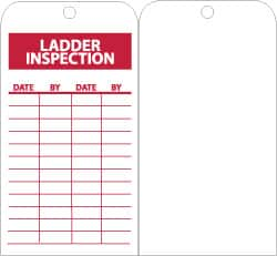 NMC - 3" High x 6" Long, LADDER INSPECTION, English Safety & Facility Inspection Tag - Tag Header: Notice, 1 Side, Red & White Unrippable Vinyl - Makers Industrial Supply