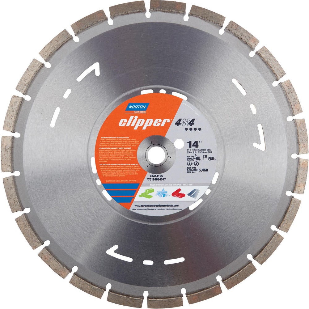 Wet & Dry Cut Saw Blade: 14″ Dia, 1″ Arbor Hole, 0.125″ Kerf Width, 23 Teeth High Speed Steel Teeth, Use on Concrete, Standard Arbor