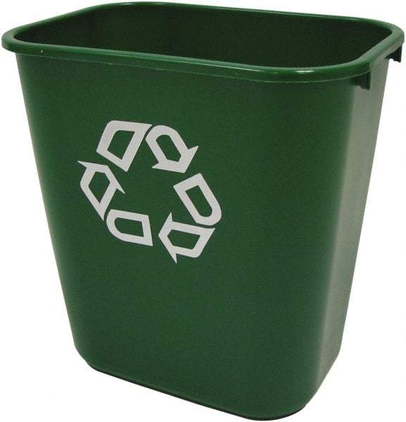 Rubbermaid - 28 Qt Green Rectangle Recycling Container - Plastic, Universal Recycling Symbol Graphic, 14.38" High x 10-1/4" Long x 15" Wide - Makers Industrial Supply