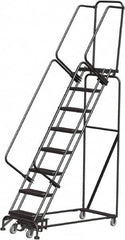 Ballymore - 113" 8 Step Rolling Warehouse Ladder - Lock Step Rolling Safety Ladder, 450 Lb Capacity, 80" Platform Height, 24" Base Width x 61" Base Depth, Perforated Tread - Makers Industrial Supply