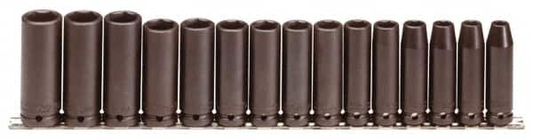 Proto - 15 Piece 1/2" Drive Black Finish Deep Well Impact Socket Set - 6 Points, 3/8" to 1-1/2" Range, Inch Measurement Standard - Makers Industrial Supply