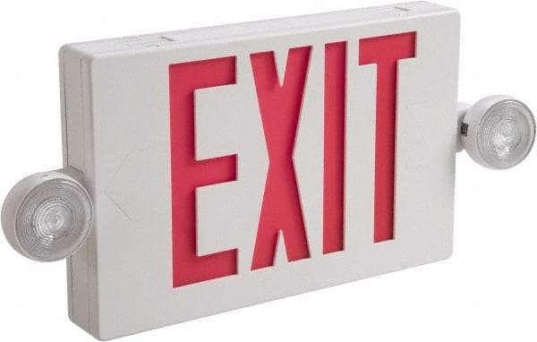 Cooper Lighting - 1 and 2 Face, 2 Head, 120-277 Volt, Thermoplastic, LED Combination Exit Sign - 2-5/16 Inch Wide x 8-1/4 Inch High x 16-9/16 Inch Long, Ceiling, End and Wall Mount, Sealed Nickel Cadmium Battery - Makers Industrial Supply