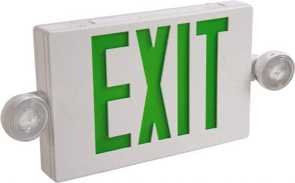 Cooper Lighting - 1 and 2 Face, 2 Head, 120-277 Volt, Thermoplastic, LED Combination Exit Sign - 2-5/16 Inch Wide x 8-1/4 Inch High x 16-9/16 Inch Long, Ceiling, End and Wall Mount, Sealed Nickel Cadmium Battery - Makers Industrial Supply