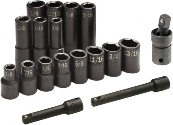 SK - 17 Piece 1/2" Drive Standard Deep Impact Socket Set - 6 Points, 3/8 to 3/4", Inch Measurement Standard - Makers Industrial Supply