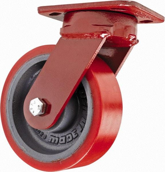 Hamilton - 6" Diam x 2" Wide x 7-1/2" OAH Top Plate Mount Swivel Caster with Brake - Polyurethane, 1,400 Lb Capacity, Sealed Precision Ball Bearing, 4 x 5" Plate - Makers Industrial Supply