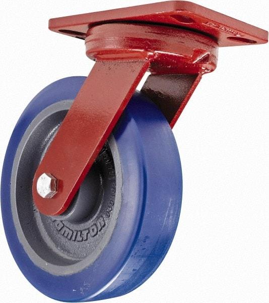 Hamilton - 8" Diam x 2" Wide x 9-3/4" OAH Top Plate Mount Swivel Caster with Brake - Polyurethane, 1,200 Lb Capacity, Sealed Precision Ball Bearing, 4-1/2 x 6-1/2" Plate - Makers Industrial Supply