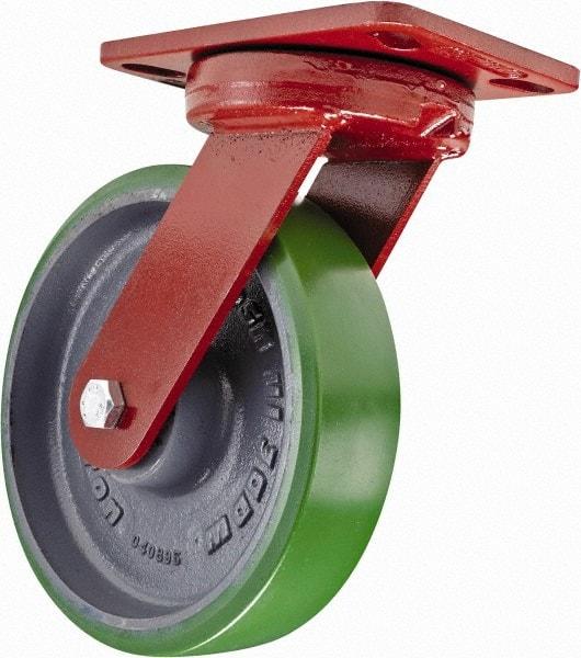 Hamilton - 8" Diam x 2" Wide x 9-3/4" OAH Top Plate Mount Swivel Caster with Brake - Polyurethane, 1,500 Lb Capacity, Sealed Precision Ball Bearing, 4-1/2 x 6-1/2" Plate - Makers Industrial Supply