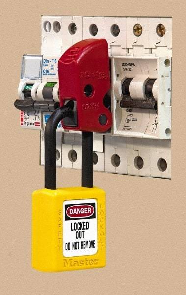 Master Lock - 0.697 Wide, PBT + PC Thermoplastic Universal Miniature Circuit Breaker - 2.073" Lockout Length, 1.181" Lockout Thickness, 0.697" Lockout Width, 1 Padlock, 1 Circuit - Makers Industrial Supply