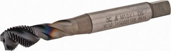 OSG - M10x1.00 Metric Fine 3 Flute 6H Modified Bottoming Spiral Flute Tap - Powdered Metal, TiCN Finish, 90mm OAL, Right Hand Flute, Right Hand Thread, D5, Series 16500 - Exact Industrial Supply