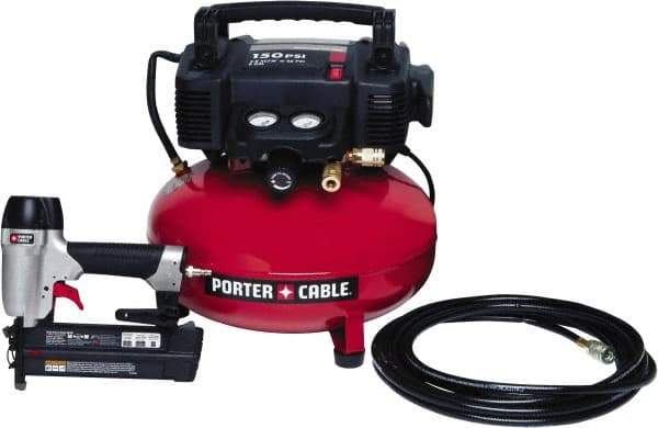 Porter-Cable - 0.80 HP, 2.6 SCFM at 90 psi CFM Pancake Nailer Combo Kit - 6 Gallon Tank, 10 Amp, 150 Max psi, 120V - Makers Industrial Supply