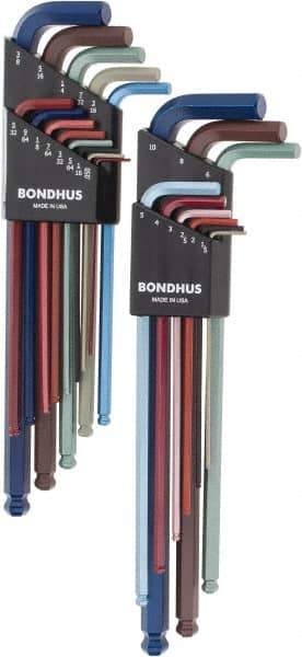 Bondhus - 22 Piece L-Key Ball End Hex Key Set - Hex Range 0.05 to 3/8", 8.4" OAL - Makers Industrial Supply