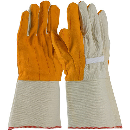 ‎93-578G Fabric Gloves - Gold Chore Palm - Canvas Back - Premium Grade - Rubberized GT - Men's - Exact Industrial Supply