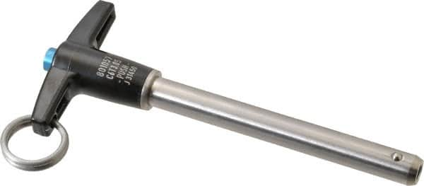 Jergens - 3/8" Diam, 3" Usable Length, T Handle, Push Button Quick Release Pin - 4-7/8" Overall Length, Grade 17-4 Stainless Steel, Passivated Finish - Makers Industrial Supply