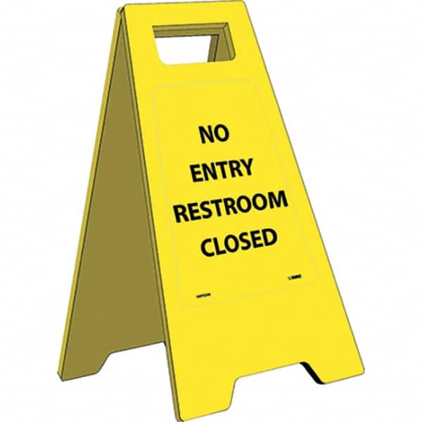 NMC - No Entry - Restroom Closed, 10-3/4" Wide x 24-5/8" High, Plastic Floor Sign - A-Frame, Black on Yellow, For Restroom, Janitorial & Housekeeping - Makers Industrial Supply