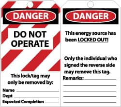 NMC - 3" High x 6" Long, DANGER - DO NOT OPERATE - THIS LOCK/TAG MAY ONLY BE REMOVED BY:, English Safety & Facility Lockout Tag - Tag Header: Danger, 2 Sides, Black, Red & White Unrippable Vinyl - Makers Industrial Supply