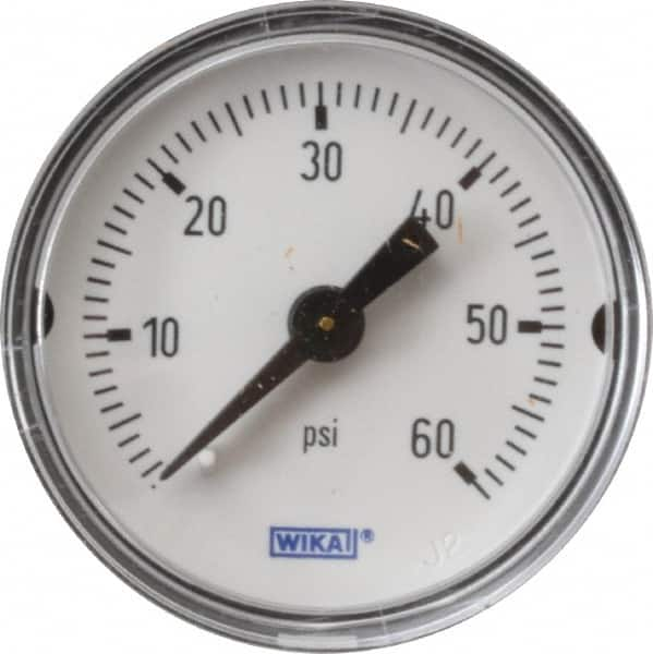 Wika - 1-1/2" Dial, 1/8 Thread, 0-60 Scale Range, Pressure Gauge - Center Back Connection Mount, Accurate to 3-2-3% of Scale - Makers Industrial Supply