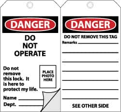 NMC - 3" High x 6" Long, DANGER - DO NOT OPERATE, English Safety & Facility Accident Prevention Tag - Tag Header: Danger, 2 Sides, Black, Red & White Self-Laminated Unrippable Vinyl - Makers Industrial Supply