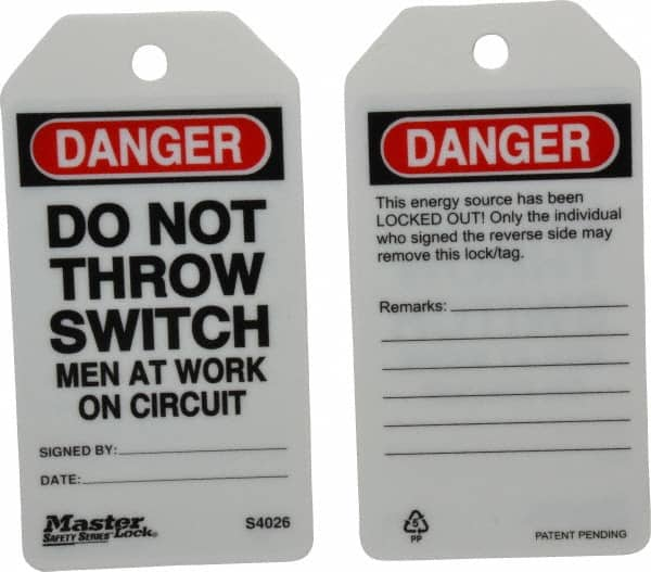 Master Lock - 3" High x 5-3/4" Long, DANGER - DO NOT THROW SWITCH - MEN AT WORK ON CIRCUIT, English Safety & Facility Lockout Tag - Tag Header: Danger, 2 Sides, Black, Red & White Industrial-Grade Polypropylene - Makers Industrial Supply