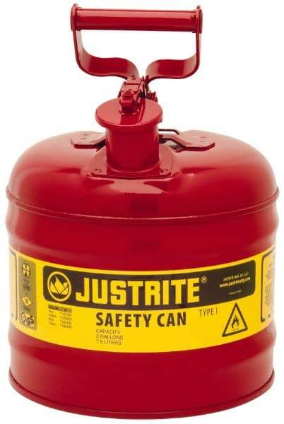 Justrite - 2 Gal Galvanized Steel Type I Safety Can - 13-3/4" High x 9-1/2" Diam, Red with Yellow - Makers Industrial Supply