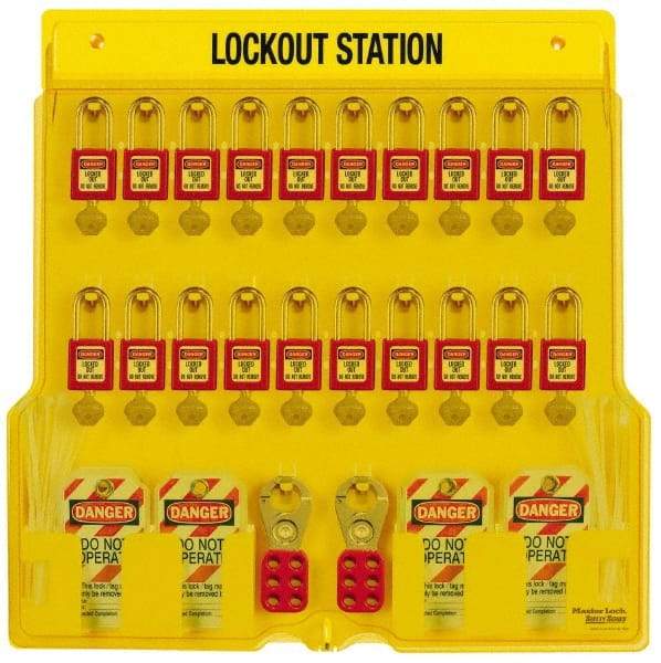 Master Lock - 28 Piece, Equipped Polycarbonate Padlock Station - 22 Inch Wide x 22 Inch High x 1-3/4 Inch Deep, Black on Yellow, Covered - Makers Industrial Supply