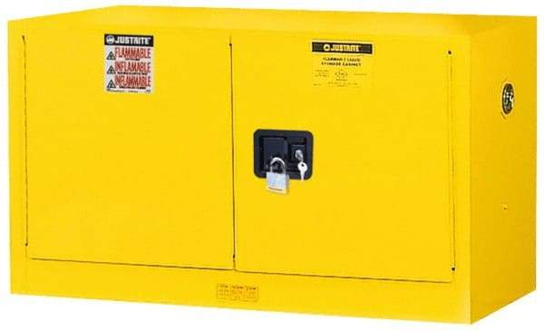 Justrite - 2 Door, 1 Shelf, Yellow Steel Stackable Safety Cabinet for Flammable and Combustible Liquids - 24" High x 43" Wide x 18" Deep, Self Closing Door, 17 Gal Capacity - Makers Industrial Supply