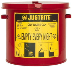 Justrite - 2 Gallon Capacity, Galvanized Steel Oily Waste Can - 9-5/8 Inch Wide/Diameter x 9-1/8 Inch High, Red, Hand Operated, Approved FM - Makers Industrial Supply