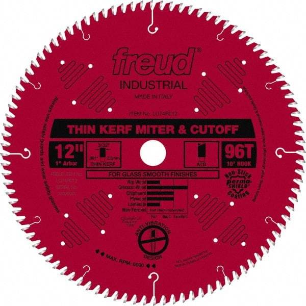 Freud - 12" Diam, 1" Arbor Hole Diam, 96 Tooth Wet & Dry Cut Saw Blade - Carbide-Tipped, Standard Round Arbor - Makers Industrial Supply