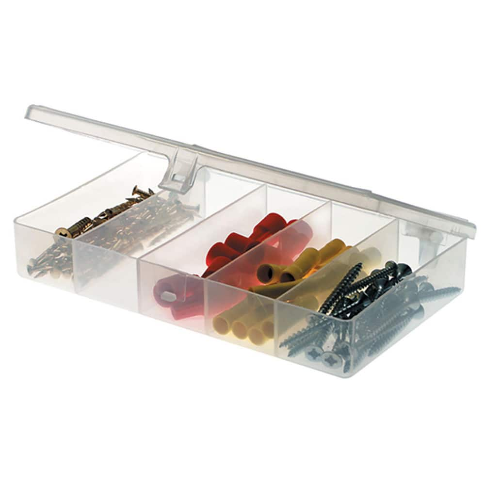 Small Parts Boxes & Organizers; Product Type: Compartment Box; Lock Type: Tension Latch; Width (Inch): 4; Number of Dividers: 4; Removable Dividers: No; Color: Clear; Features: 5 Fixed Compartments; Number Of Compartments: 5; Depth (Decimal Inch): 1.1300;