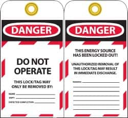 NMC - 3" High x 6" Long, DANGER - DO NOT OPERATE - THIS LOCK/TAG MAY ONLY BE REMOVED BY:, English Safety & Facility Lockout Tag - Tag Header: Danger, 2 Sides, Black, Red & White Unrippable Vinyl - Makers Industrial Supply