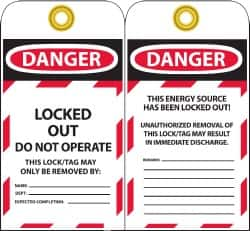 NMC - 3" High x 6" Long, DANGER - LOCKED OUT - DO NOT OPERATE - THIS LOCK/TAG MAY ONLY BE REMOVED BY:, English Safety & Facility Lockout Tag - Tag Header: Danger, 2 Sides, Black, Red & White Unrippable Vinyl - Makers Industrial Supply