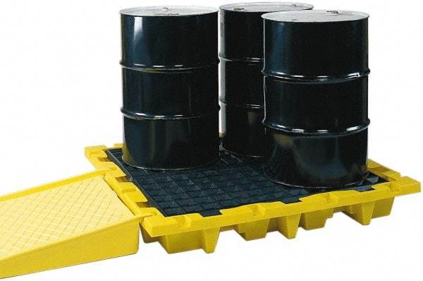 Eagle - 66 Gal Sump, 6,000 Lb Capacity, 4 Drum, Polyethylene Spill Deck or Pallet - 58-1/2" Long x 58-1/2" Wide x 13.43" High, Yellow, Liftable Fork, Drain Included, Low Profile, Vertical, 2 x 2 Drum Configuration - Makers Industrial Supply