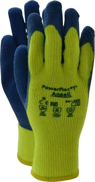 Ansell - Size M (8) Rubber Coated Thermal Terry Cold Protection Work Gloves - For General Purpose, Palm & Fingers Coated, Knit Wrist Cuff, Full Fingered, Yellow/Blue, Paired - Makers Industrial Supply